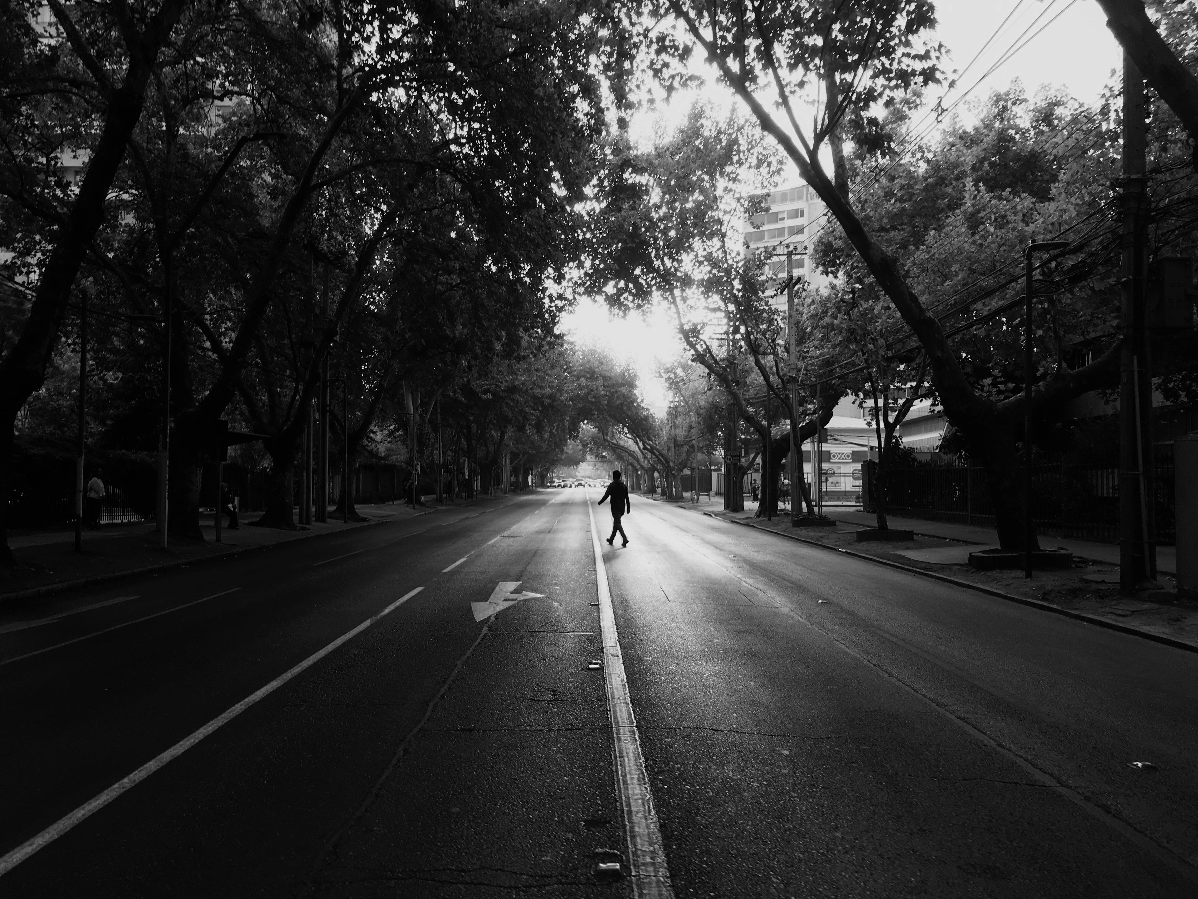 Dark, black and white image of a nearly empty street with the sillouette of a man crossing in the middle. The slighly blurred light comming from the back of the street trees gives the image a dreamy look.